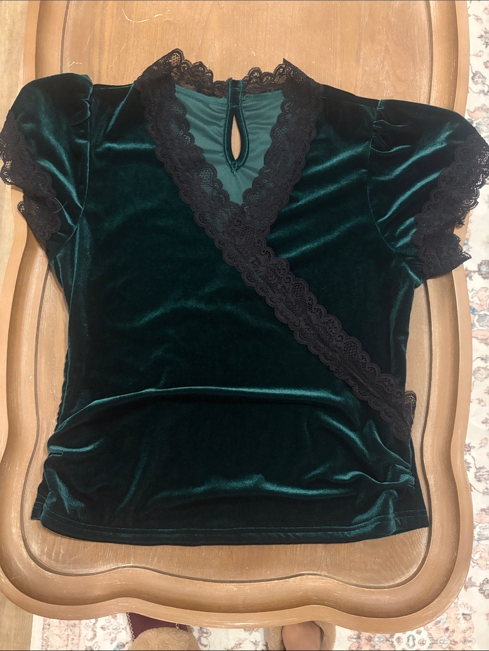 Velvet Lace Trim Wrap-Style Top in Deep Emerald